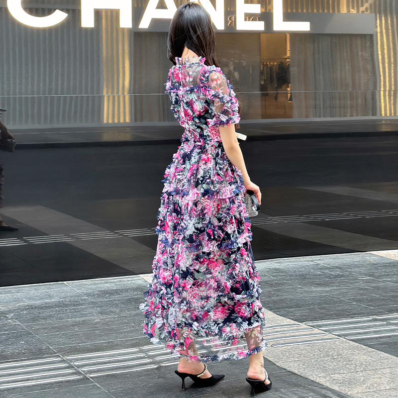 Realistic shooting of high-quality heavy industry super soft and environmentally friendly heavy industry printed mesh dress with a fairy like temperament Realistic shooting of high-quality heavy industry super soft and environmentally friendly heavy industry printed mesh dress with a fairy like temperament