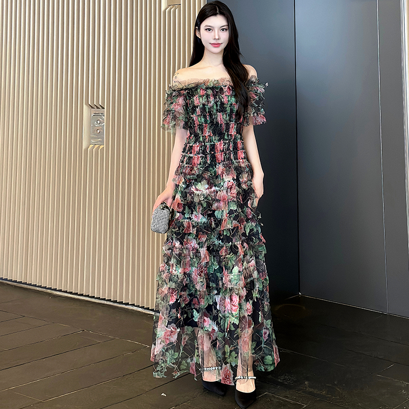 Real shooting French style floral long, high-end high waisted mesh vacation style dress