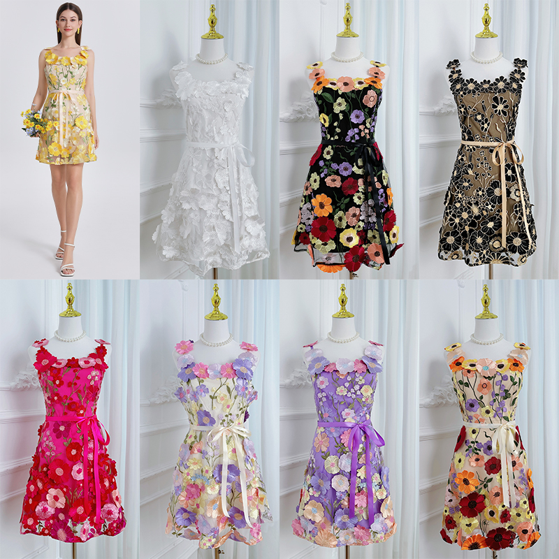 Real time shooting of high-quality embroidery by Heavy Industry, colorful three-dimensional handmade flower binding, adjustable lace up and suspender dress