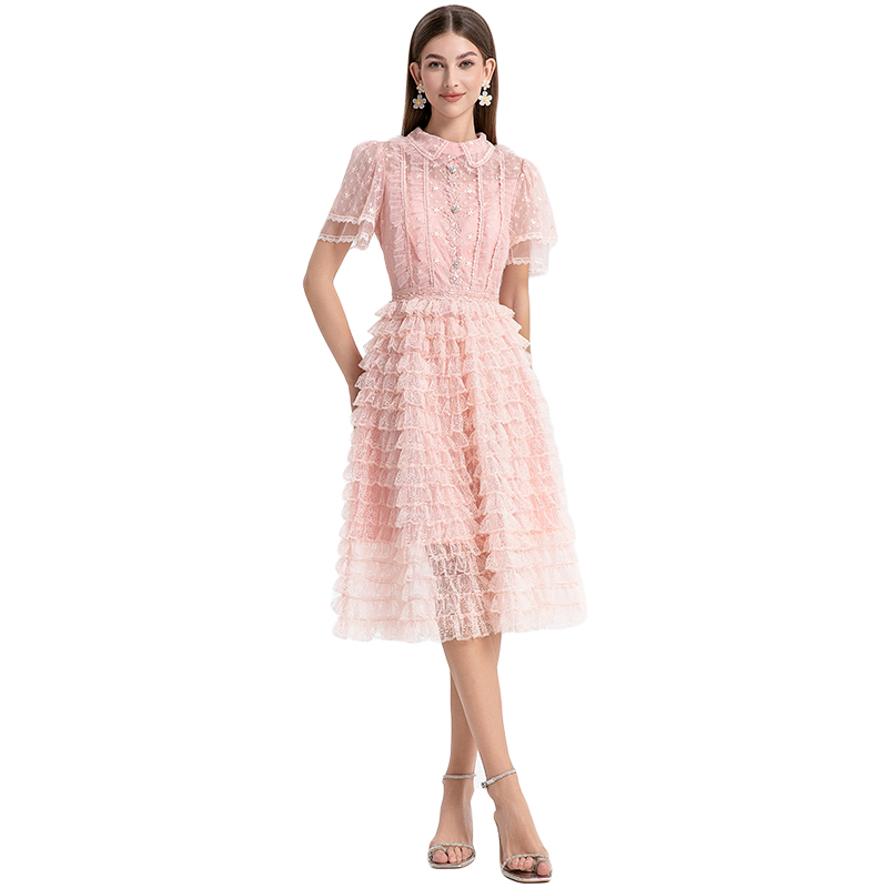 Real shot short sleeved French sweet lace lace cake skirt with nail and diamond waist cinching temperament dress Real shot short sleeved French sweet lace lace cake skirt with nail and diamond waist cinching temperament dress