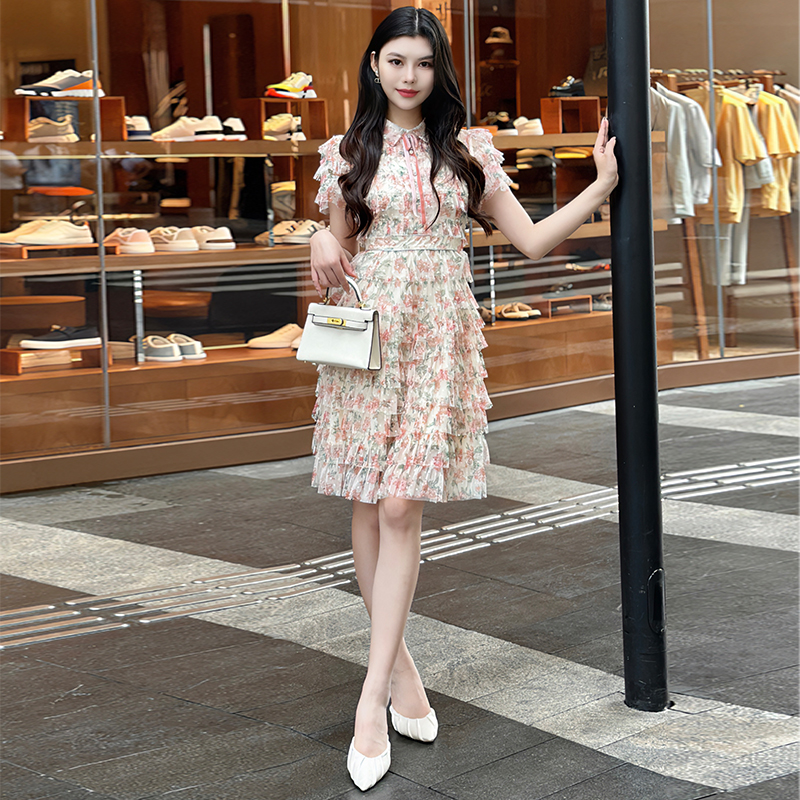 Real shot - Light luxury boutique mesh printed small fragrant style elegant emerald flower cake skirt
