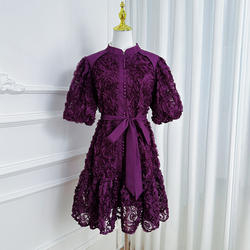 Real shot short heavy-duty three-dimensional rose solid color loose fit European and American temperament dress Real shot short heavy-duty three-dimensional rose solid color loose fit European and American temperament dress