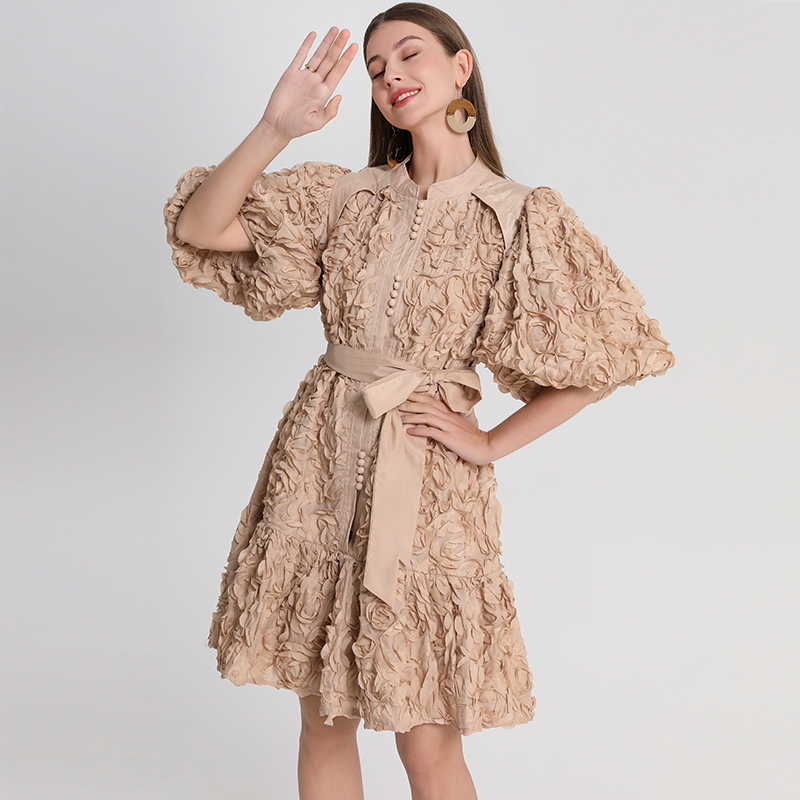 Real shot short heavy-duty three-dimensional rose solid color loose fit European and American temperament dress Real shot short heavy-duty three-dimensional rose solid color loose fit European and American temperament dress