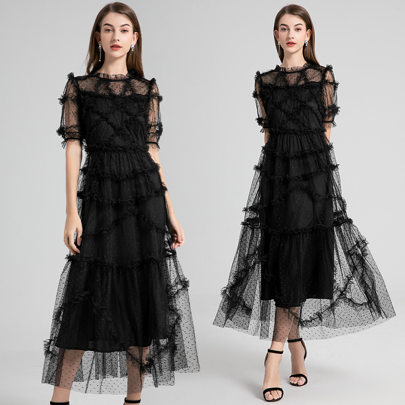 559 Real Shot - Black Heavy Industry French Retro Round Neck Short Sleeve Polka Dot Ear Edge Large Pendant Dress