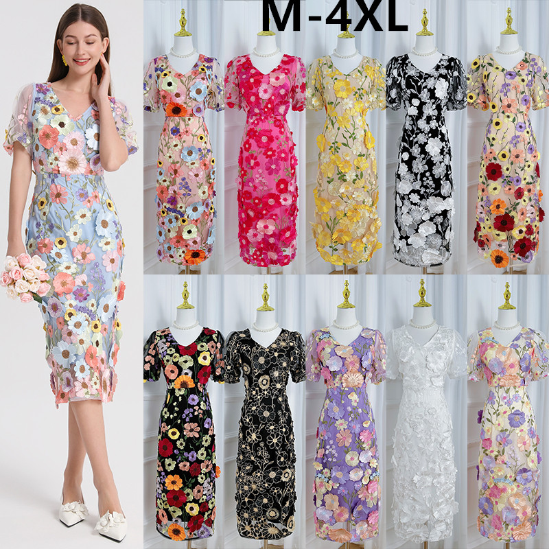 Real shot of high-quality embroidered colorful handmade floral vintage V-neck split hip dress from Heavy Industry