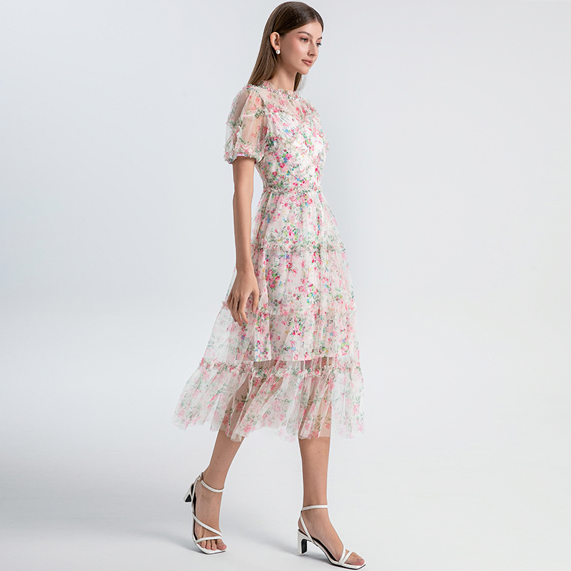 Real time shooting of heavy industry nail drill small floral French boutique mesh summer sweet dress Real time shooting of heavy industry nail drill small floral French boutique mesh summer sweet dress