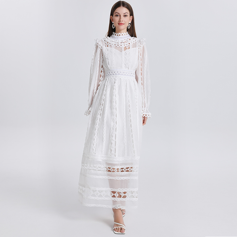 Real shot palace style heavy industry lace hollow embroidery solid color French long dress with waist cinching temperament dress Real shot palace style heavy industry lace hollow embroidery solid color French long dress with waist cinching temperament dress