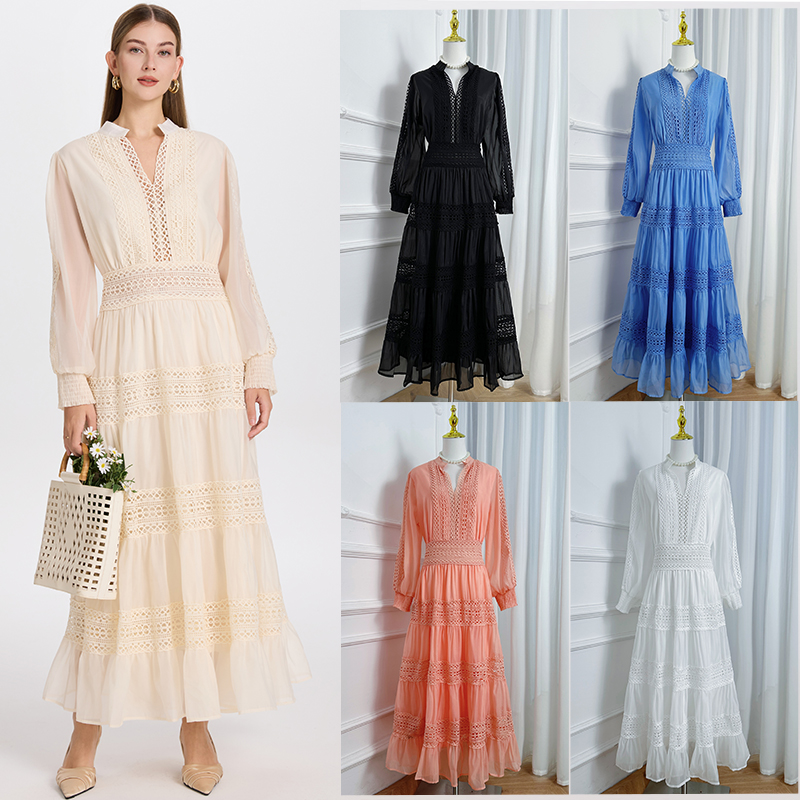 Realistic shot of heavy industry lace hollow waist, European and American retro palace style dress