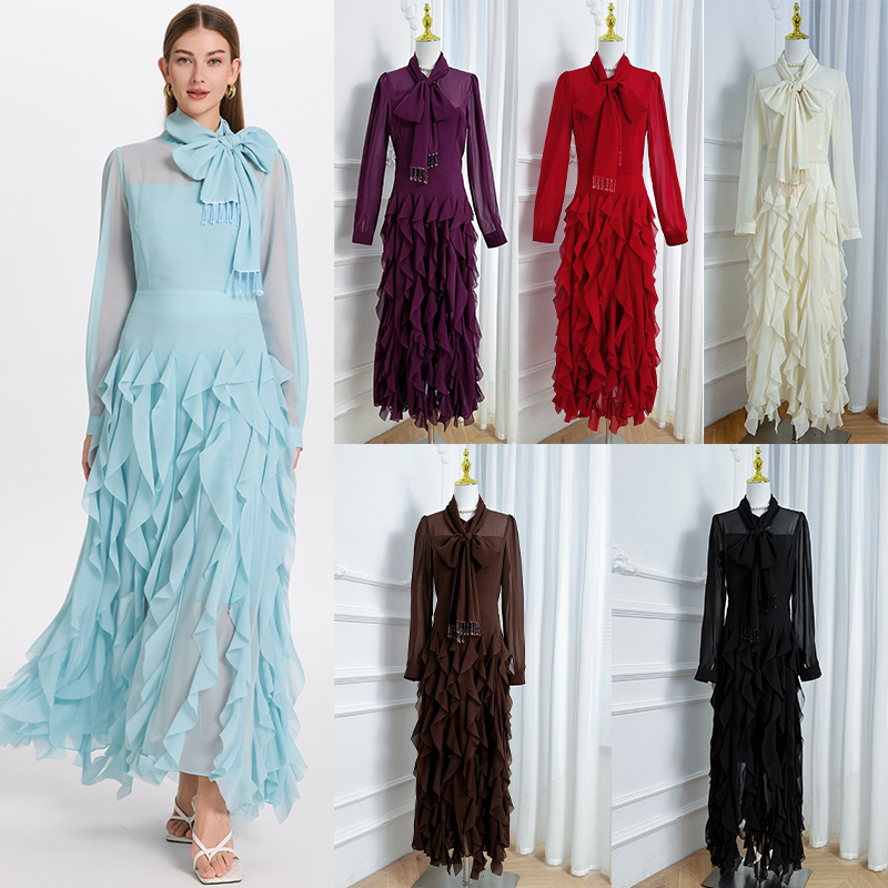 Realistic shooting of high-quality chiffon wood ear edge solid color scarf, rhinestone collar, tassel temperament, fishtail skirt for container loading