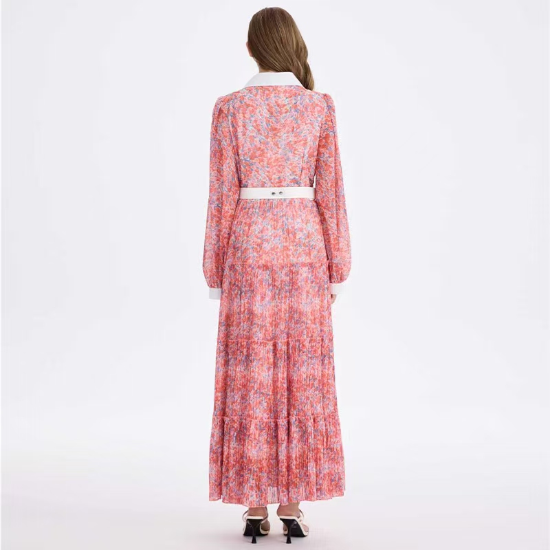 Real shot of heavy-duty printed pleated chiffon nail bead waist cinching retro European and American women's vacation cake skirt Real shot of heavy-duty printed pleated chiffon nail bead waist cinching retro European and American women's vacation cake skirt