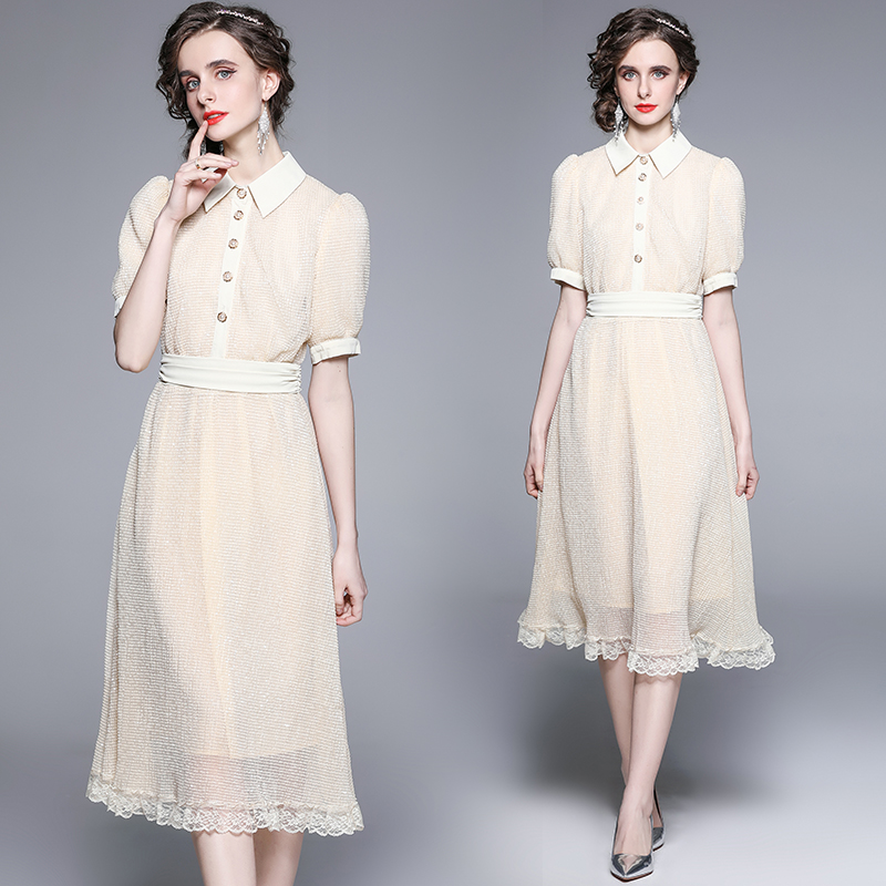 Real shot - Light luxury lapel short sleeved waist cinching slimming heavy pearl piece medium long dress