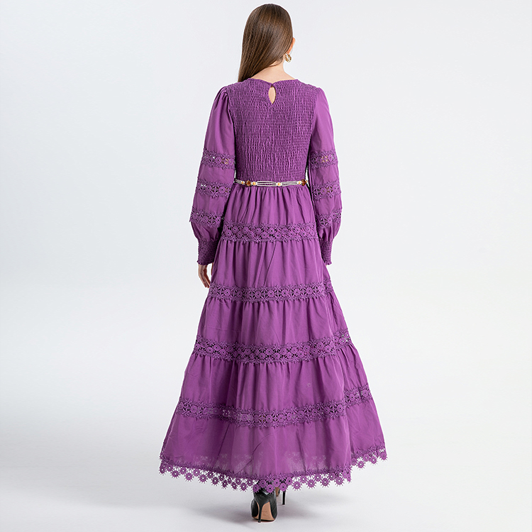 Real shot of heavy-duty French retro long skirt with hollow lace up, solid color waist cinching, slimming round neck, lace stitching Real shot of heavy-duty French retro long skirt with hollow lace up, solid color waist cinching, slimming round neck, lace stitching