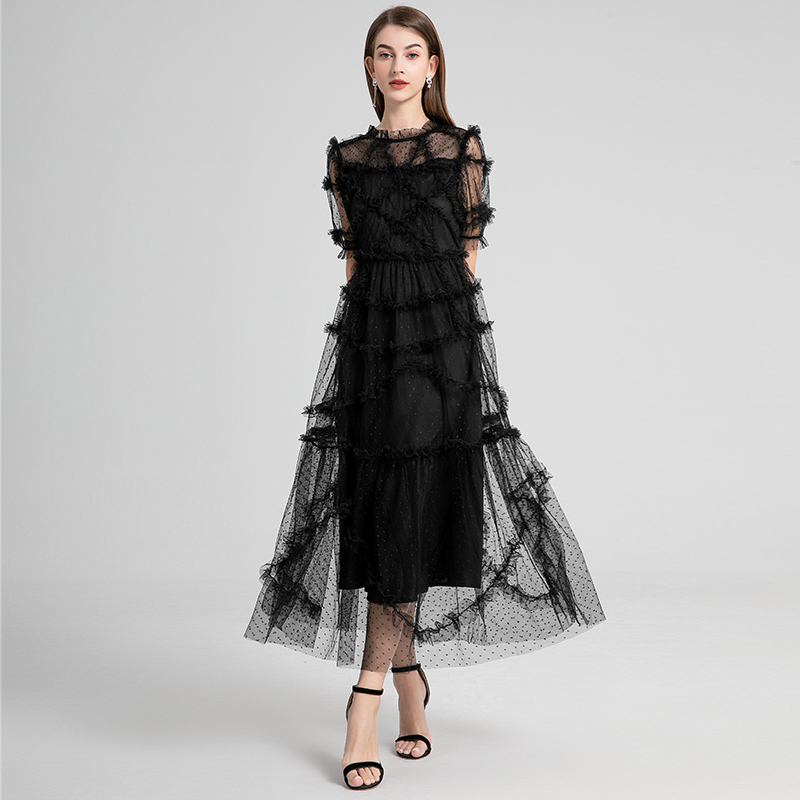 559 Real Shot - Black Heavy Industry French Retro Round Neck Short Sleeve Polka Dot Ear Edge Large Pendant Dress 559 Real Shot - Black Heavy Industry French Retro Round Neck Short Sleeve Polka Dot Ear Edge Large Pendant Dress