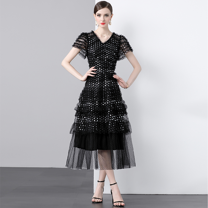 Real shot - Light luxury retro wood ear edge V-neck sequin large swing dress Real shot - Light luxury retro wood ear edge V-neck sequin large swing dress