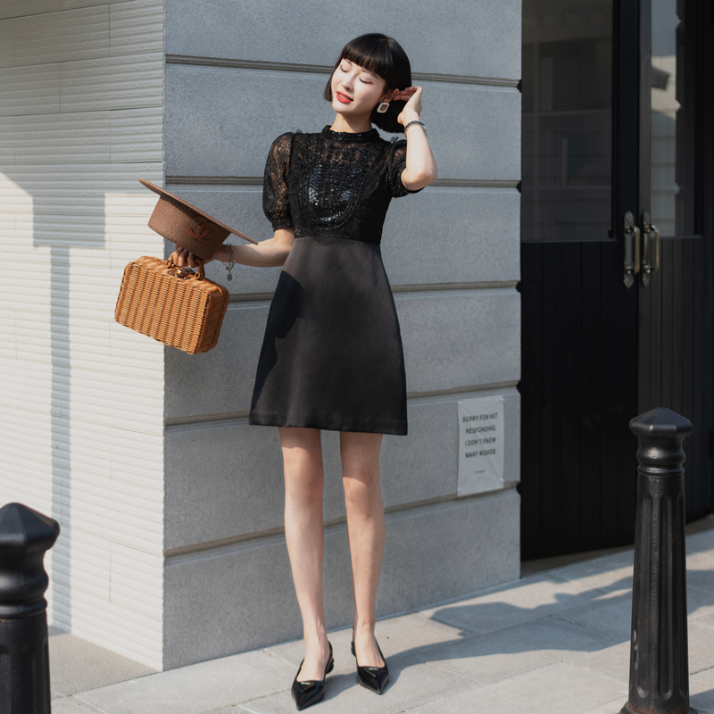 Real shot black light luxury summer heavy industry nail bead small fragrance style mid length dress with temperament Real shot black light luxury summer heavy industry nail bead small fragrance style mid length dress with temperament