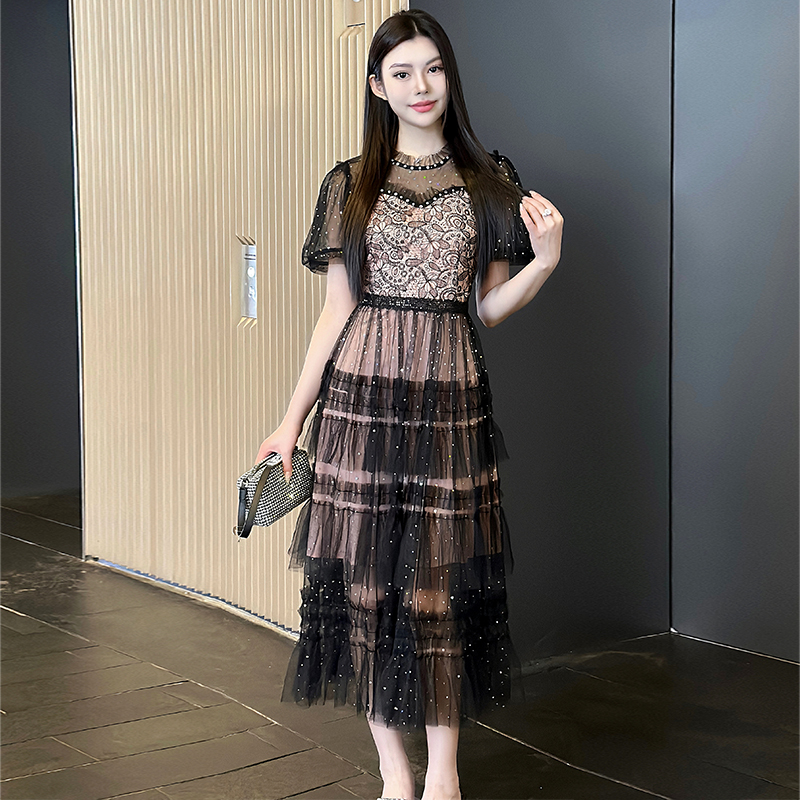 Light luxury heavy industry color diamond nail bead mesh yarn iridescent sequin waist cinching temperament dress Light luxury heavy industry color diamond nail bead mesh yarn iridescent sequin waist cinching temperament dress