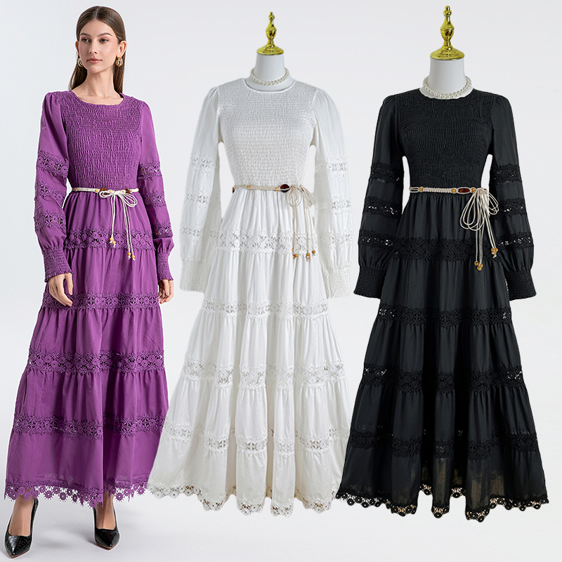 Real shot of heavy-duty French retro long skirt with hollow lace up, solid color waist cinching, slimming round neck, lace stitching