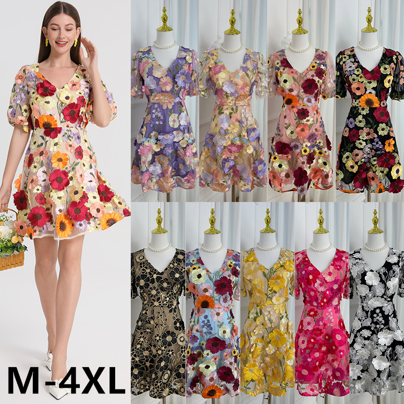 Real time shooting of high-quality color handmade three-dimensional embroidered bubble sleeve French small pendulum dress from Heavy Industry