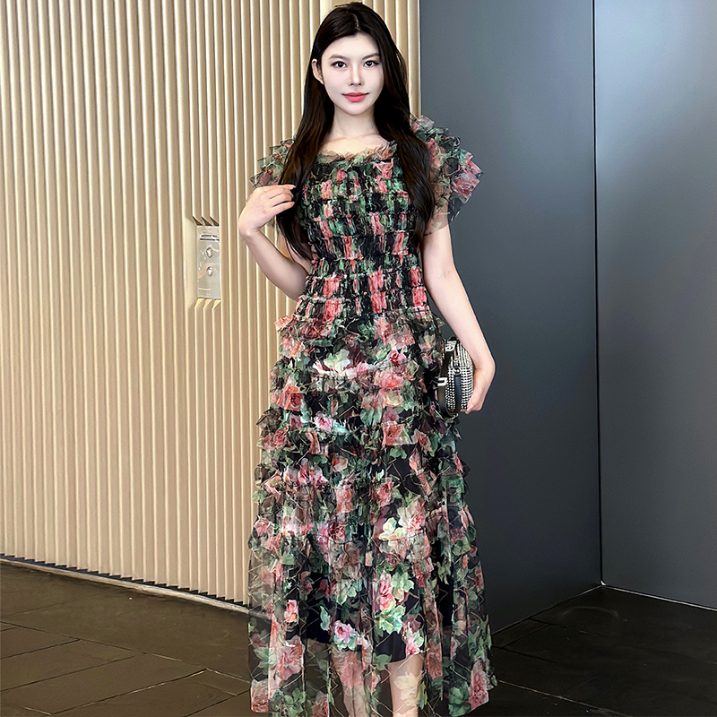 Real shooting French style floral long, high-end high waisted mesh vacation style dress Real shooting French style floral long, high-end high waisted mesh vacation style dress