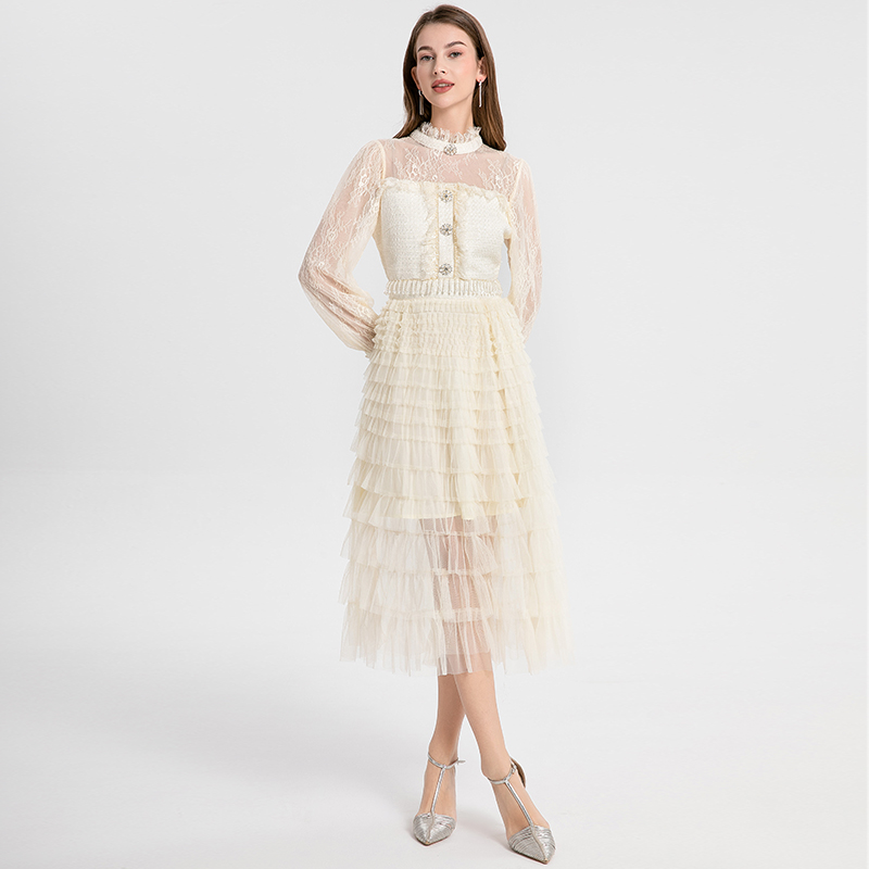 Real shot - Fine women's clothing, heavy industry, coarse tweed splicing, mesh, cake skirt, crystal tassel, temperament, fairy Real shot - Fine women's clothing, heavy industry, coarse tweed splicing, mesh, cake skirt, crystal tassel, temperament, fairy
