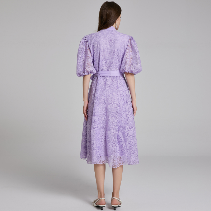 Real shot Heavy Industry French Embroidery Solid Color Large Edition Belt V-neck Elegant Dress Real shot Heavy Industry French Embroidery Solid Color Large Edition Belt V-neck Elegant Dress