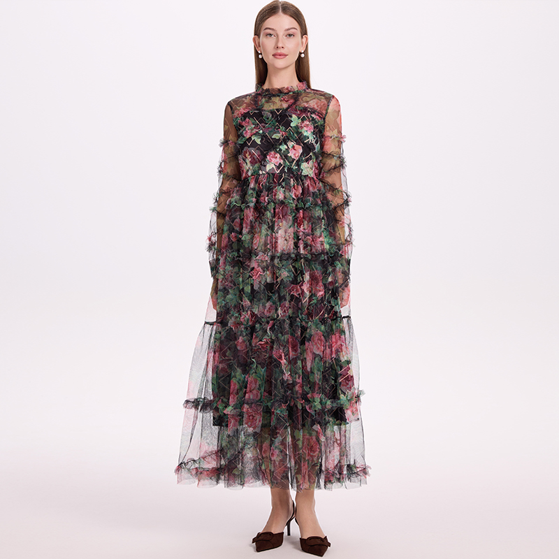 Real time shooting of high-quality heavy-duty French mesh printed large swing waist collection travel fairy skirt