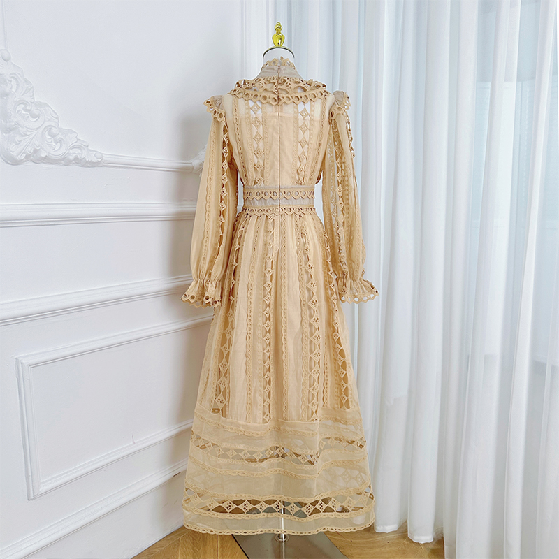 Real shot palace style heavy industry lace hollow embroidery solid color French long dress with waist cinching temperament dress Real shot palace style heavy industry lace hollow embroidery solid color French long dress with waist cinching temperament dress