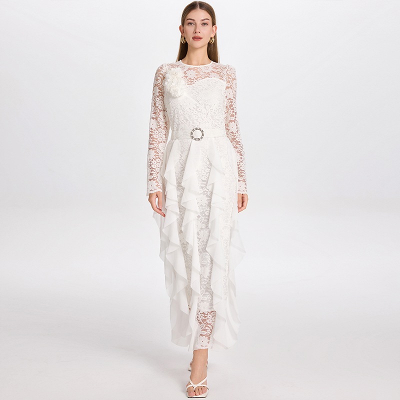 Realistic shooting of high-quality lace patchwork chiffon slim fit diamond belt temperament fishtail skirt Realistic shooting of high-quality lace patchwork chiffon slim fit diamond belt temperament fishtail skirt