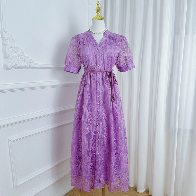 Realistic shooting of high-end French summer waist cinching heavy embroidery V-neck multi-color temperament dress Realistic shooting of high-end French summer waist cinching heavy embroidery V-neck multi-color temperament dress