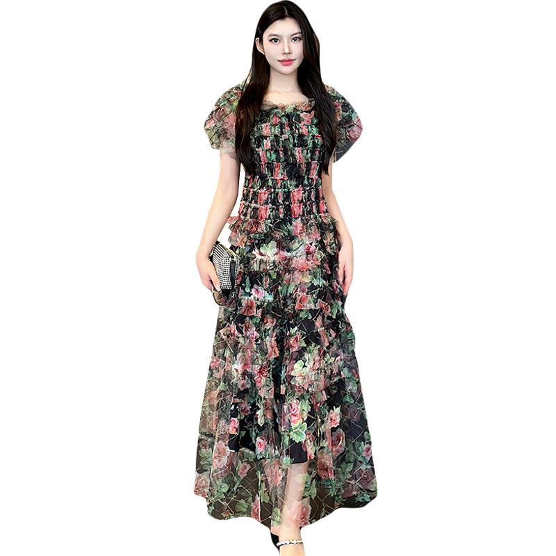 Real shooting French style floral long, high-end high waisted mesh vacation style dress Real shooting French style floral long, high-end high waisted mesh vacation style dress
