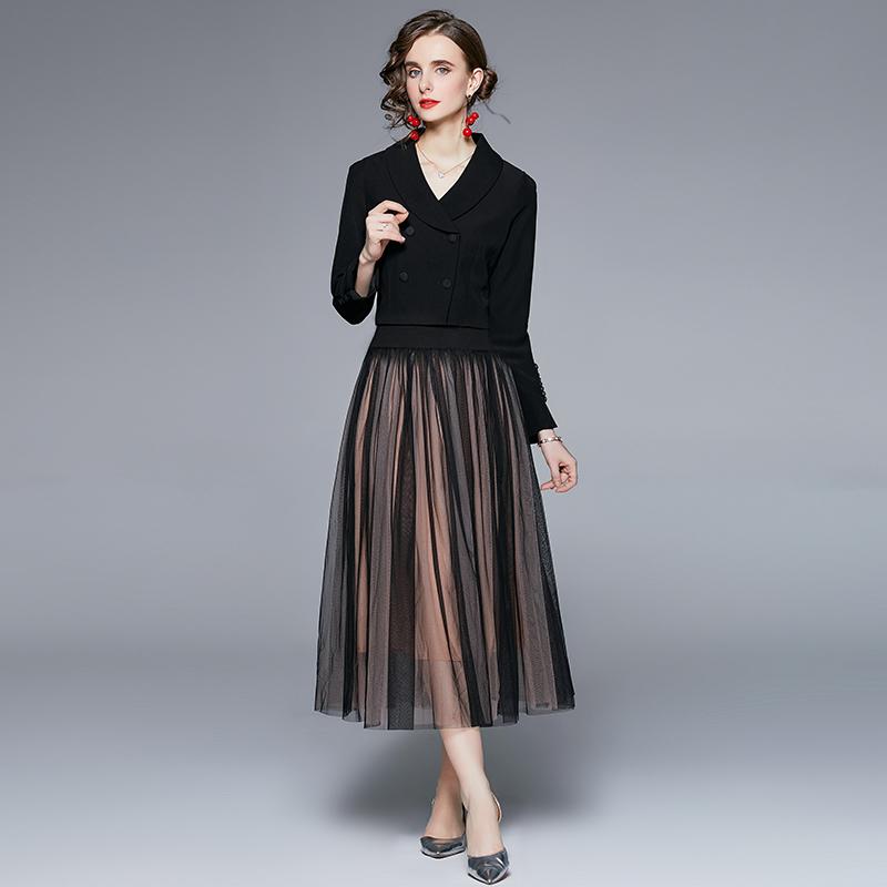 Real shooting boutique European and American fashion suit skirt temperament short style small suit mesh half skirt two-piece set Real shooting boutique European and American fashion suit skirt temperament short style small suit mesh half skirt two-piece set