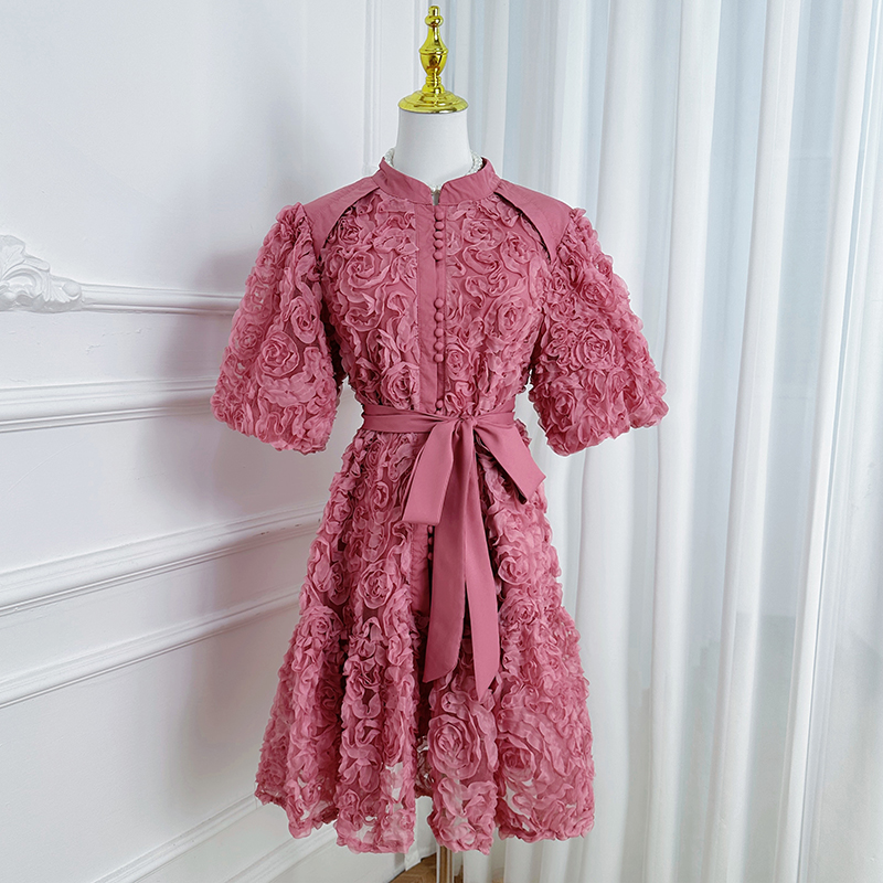 Real shot short heavy-duty three-dimensional rose solid color loose fit European and American temperament dress Real shot short heavy-duty three-dimensional rose solid color loose fit European and American temperament dress