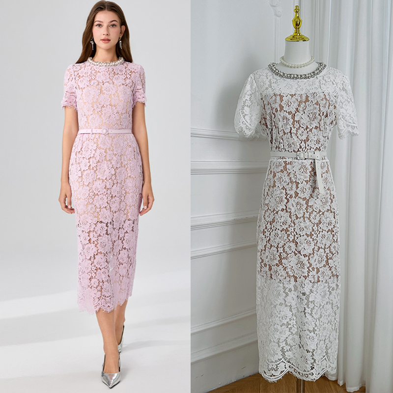 Real time shooting of French heavy industry lace handmade nail drill with waist belt and waist cinching temperament dress