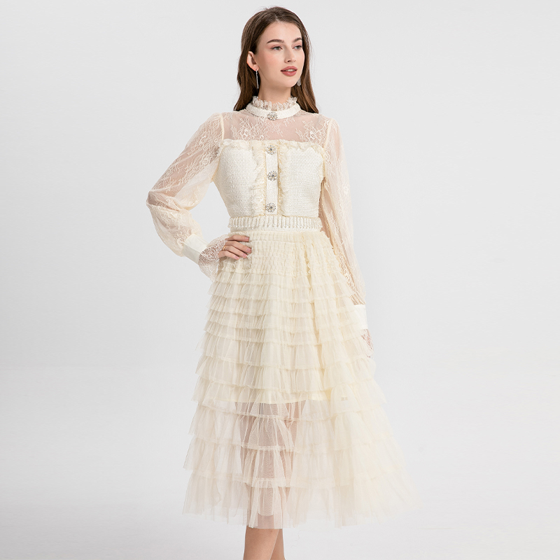 Real shot - Fine women's clothing, heavy industry, coarse tweed splicing, mesh, cake skirt, crystal tassel, temperament, fairy