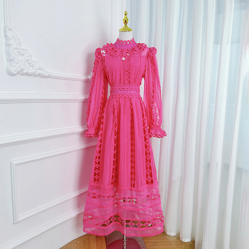 Real shot palace style heavy industry lace hollow embroidery solid color French long dress with waist cinching temperament dress Real shot palace style heavy industry lace hollow embroidery solid color French long dress with waist cinching temperament dress