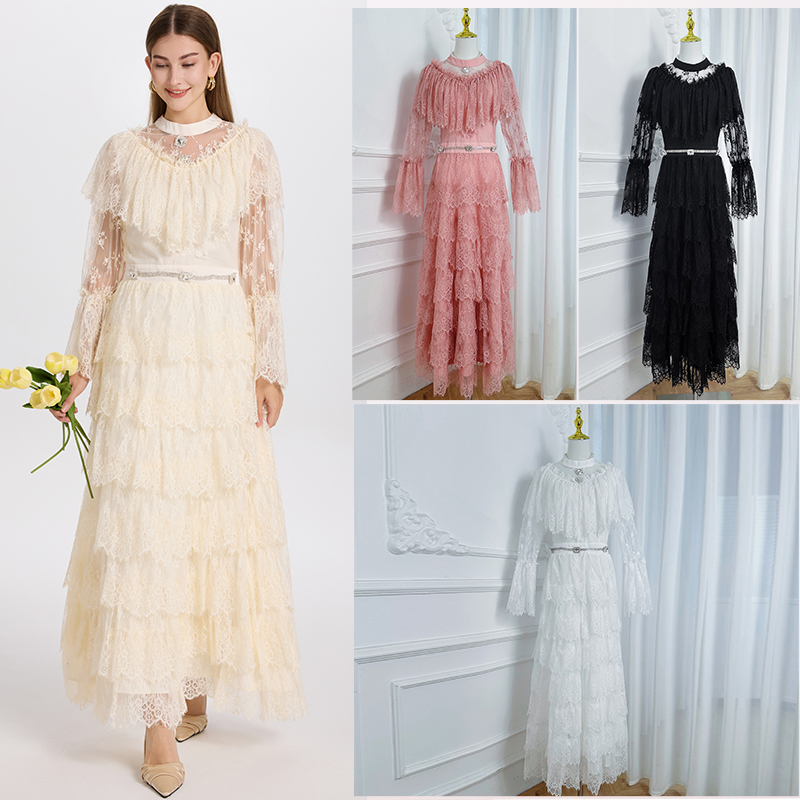 Heavy Industry French Counter Lace Splicing Cake Skirt Handmade Diamond Waist Collection Elegant Dress