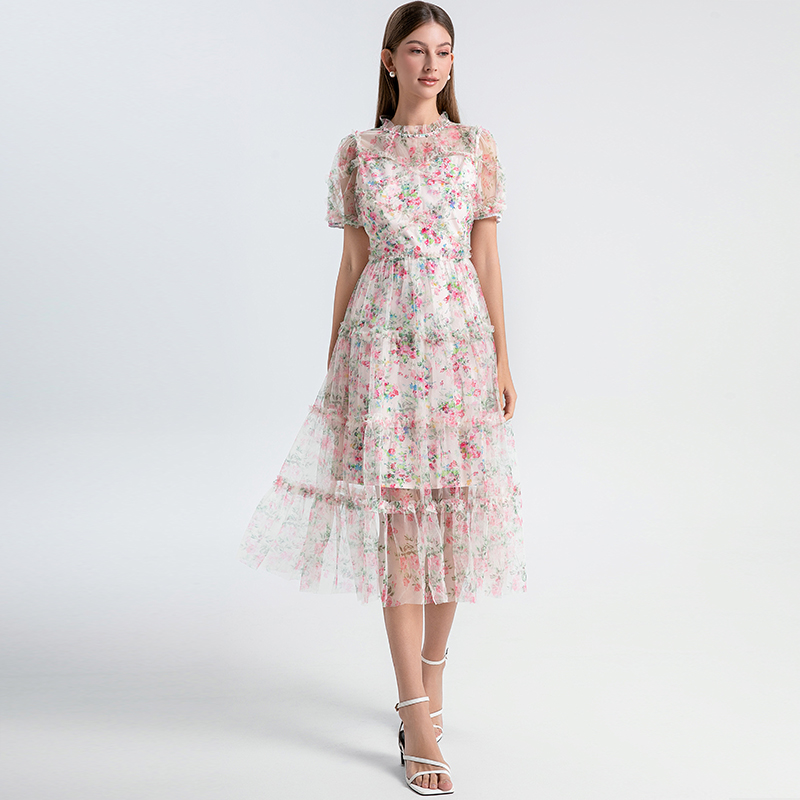 Real time shooting of heavy industry nail drill small floral French boutique mesh summer sweet dress