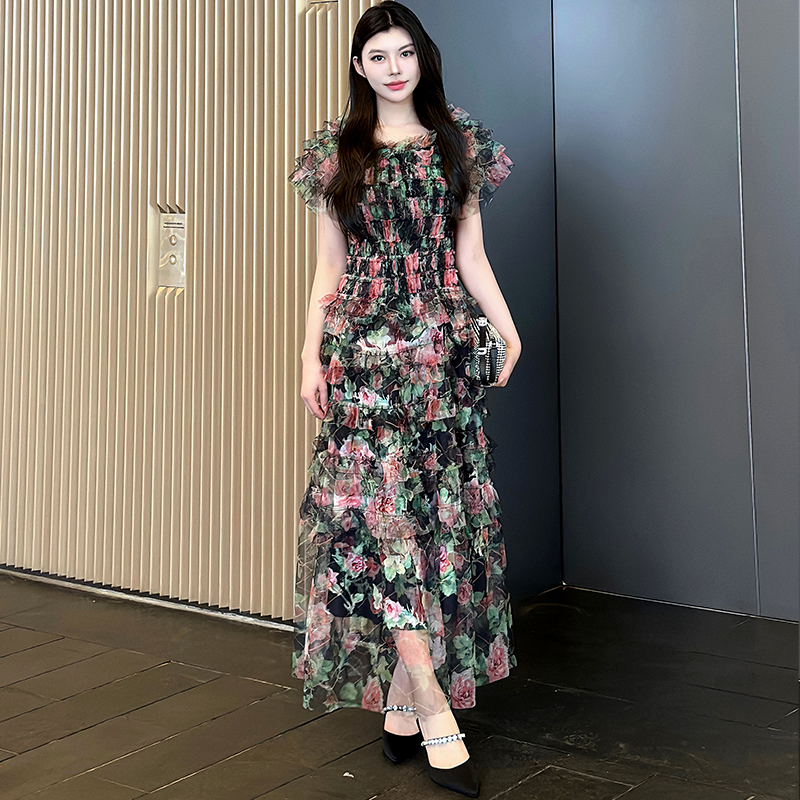 Real shooting French style floral long, high-end high waisted mesh vacation style dress Real shooting French style floral long, high-end high waisted mesh vacation style dress