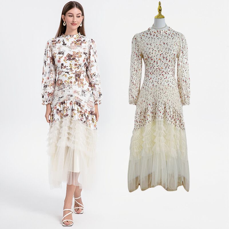 Real time shooting of high-quality printing, splicing, mesh, wood ear, French palace style dress from Heavy Industry