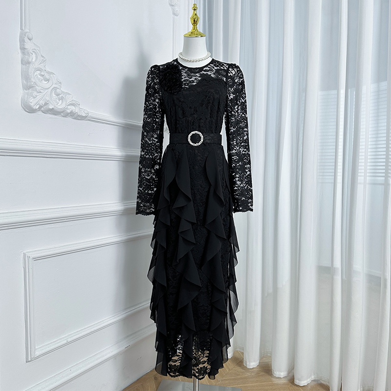 Realistic shooting of high-quality lace patchwork chiffon slim fit diamond belt temperament fishtail skirt Realistic shooting of high-quality lace patchwork chiffon slim fit diamond belt temperament fishtail skirt