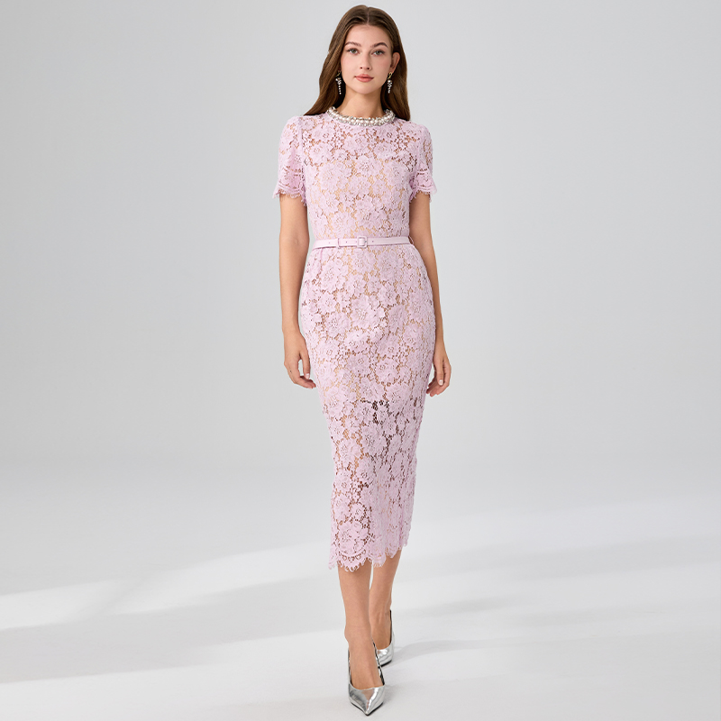 Real time shooting of French heavy industry lace handmade nail drill with waist belt and waist cinching temperament dress Real time shooting of French heavy industry lace handmade nail drill with waist belt and waist cinching temperament dress