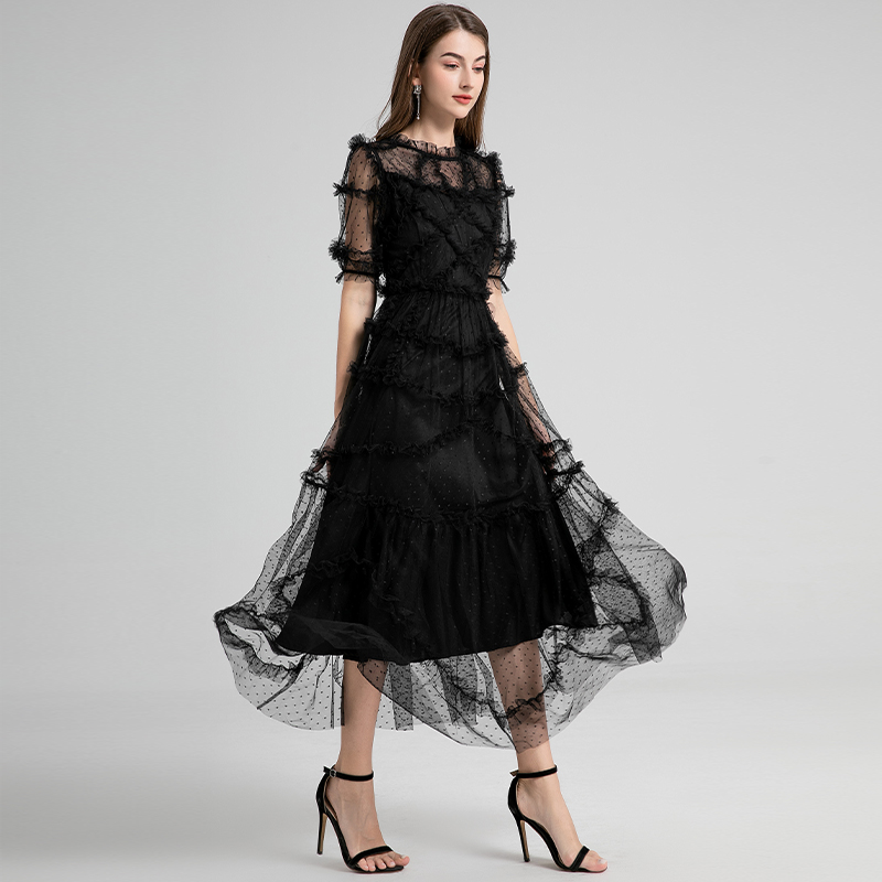 559 Real Shot - Black Heavy Industry French Retro Round Neck Short Sleeve Polka Dot Ear Edge Large Pendant Dress 559 Real Shot - Black Heavy Industry French Retro Round Neck Short Sleeve Polka Dot Ear Edge Large Pendant Dress