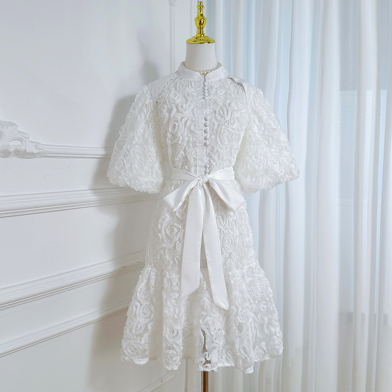 Real shot short heavy-duty three-dimensional rose solid color loose fit European and American temperament dress Real shot short heavy-duty three-dimensional rose solid color loose fit European and American temperament dress