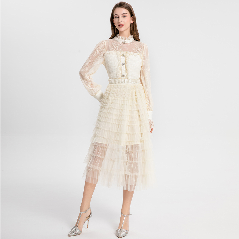 Real shot - Fine women's clothing, heavy industry, coarse tweed splicing, mesh, cake skirt, crystal tassel, temperament, fairy Real shot - Fine women's clothing, heavy industry, coarse tweed splicing, mesh, cake skirt, crystal tassel, temperament, fairy