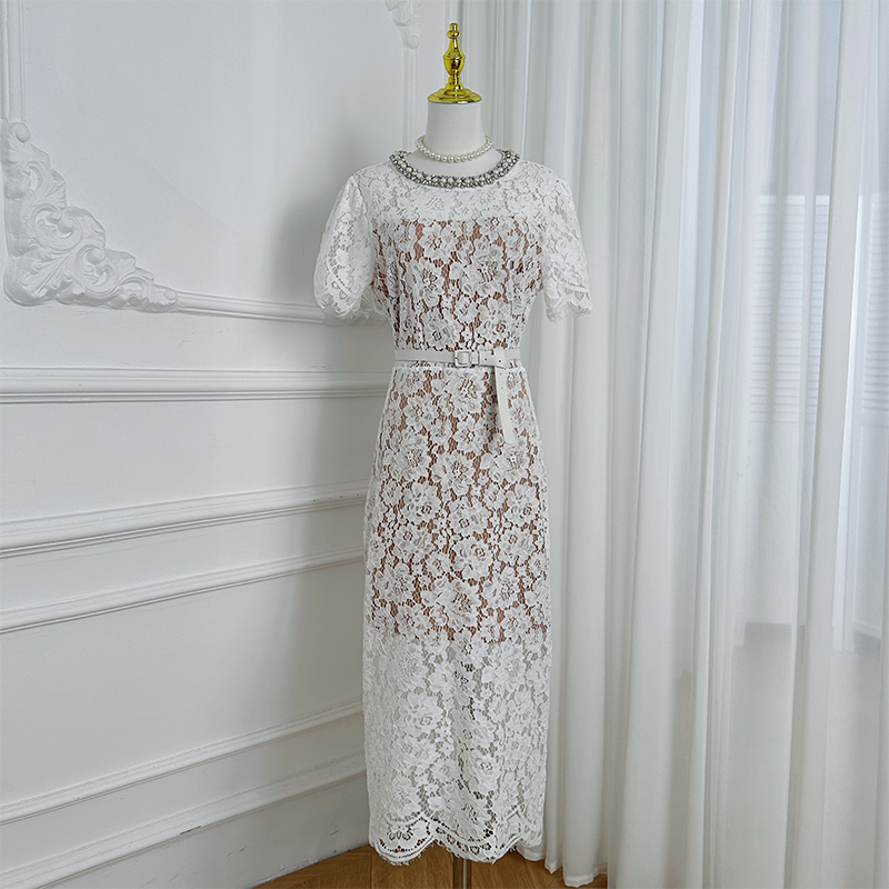 Real time shooting of French heavy industry lace handmade nail drill with waist belt and waist cinching temperament dress Real time shooting of French heavy industry lace handmade nail drill with waist belt and waist cinching temperament dress