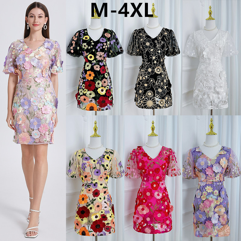 Real time shooting of high-quality embroidery handmade color floral V-neck bubble sleeve wrapped hip dress by heavy industry