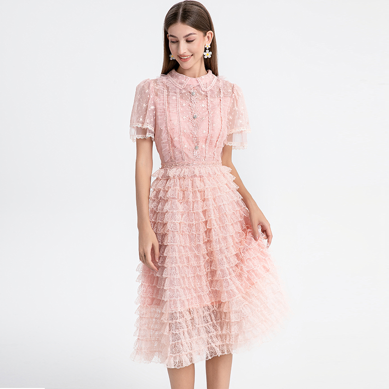 Real shot short sleeved French sweet lace lace cake skirt with nail and diamond waist cinching temperament dress Real shot short sleeved French sweet lace lace cake skirt with nail and diamond waist cinching temperament dress