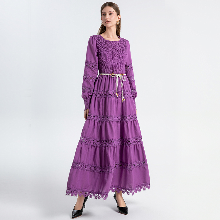 Real shot of heavy-duty French retro long skirt with hollow lace up, solid color waist cinching, slimming round neck, lace stitching Real shot of heavy-duty French retro long skirt with hollow lace up, solid color waist cinching, slimming round neck, lace stitching