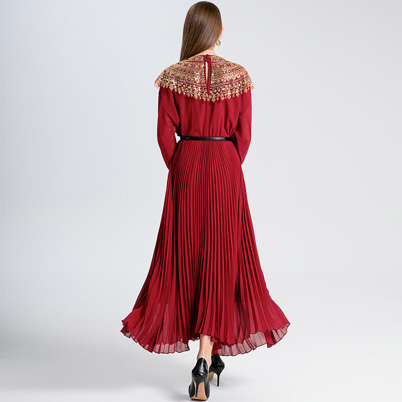 Real time shooting of high-end pleated waistband with gold bead sequins shawl and chiffon pleated large swing jumpsuit Real time shooting of high-end pleated waistband with gold bead sequins shawl and chiffon pleated large swing jumpsuit