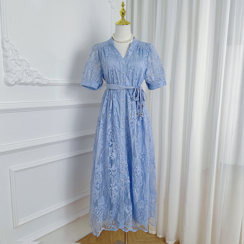 Realistic shooting of high-end French summer waist cinching heavy embroidery V-neck multi-color temperament dress Realistic shooting of high-end French summer waist cinching heavy embroidery V-neck multi-color temperament dress